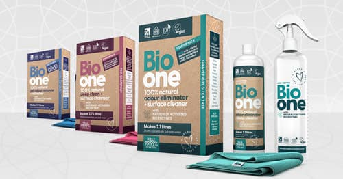 Bio One product range featuring odour eliminators and surface cleaners, highlighting eco-friendly and natural cleaning solutions.