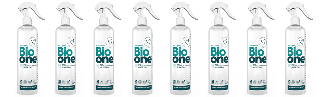 Row of Bio One spray bottles