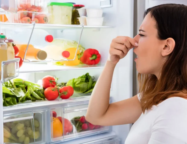 Woman standing in front of a fridge holding her nose because of the smell. Fridge is full of all sorts of fresh produce.