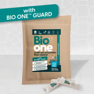 Product image of a packet of Bio One Multi-use Enzymatic Floor Cleaner Sachets. Image shows a flash across it that says, with Bio One Guard.