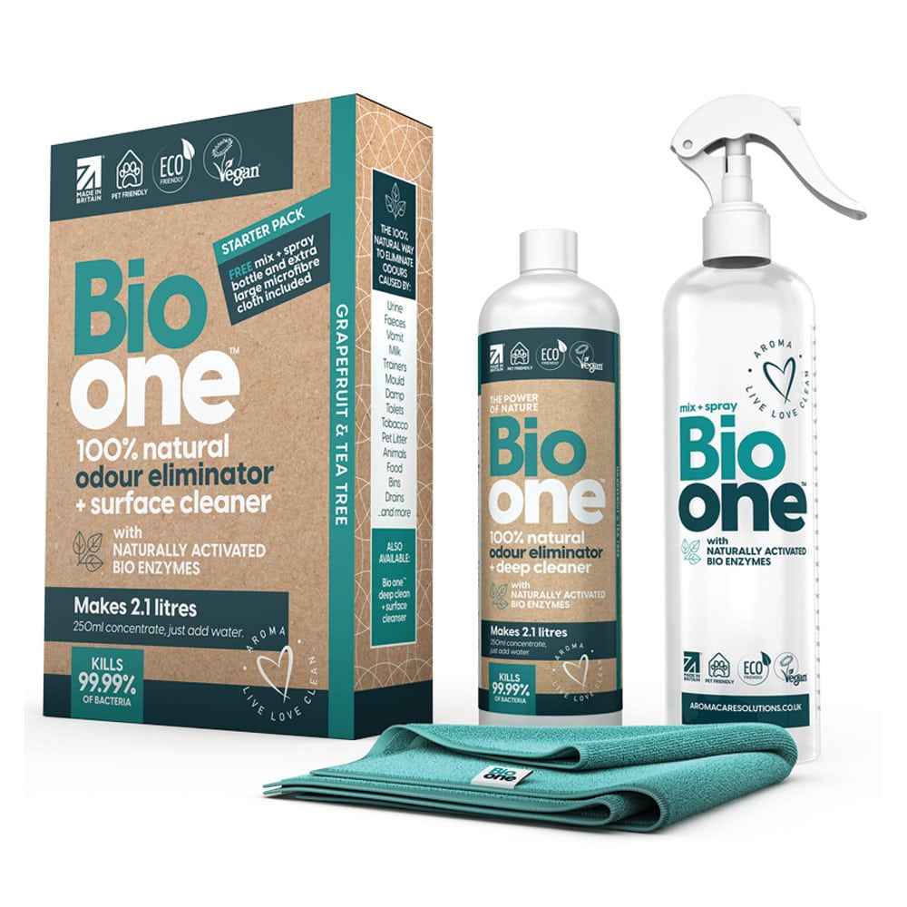 Bio one Enzyme Odour Remover Bundle with free mix & spray bottle and xl microfibre cloth, 250ml of concentrate
