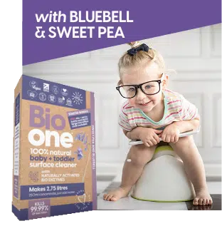 Bio One Baby & Toddler Surface Cleaner, 100% natural bio-enzyme cleaning concentrate. Designed to use around babies and toddlers, Bio One is the number 1 solution designed to clean up and eliminate odours caused by, human urine, faeces, vomit, bloody, milk, breast milk, formula, bacteria and more. Free from chemicals and toxins, endocrine distruptor free, safe to use around children and pets. Use all around your home, on sofas, beds, clothing, potty's, changing mats, toys, nappy bins, cots, highchairs and car seats.