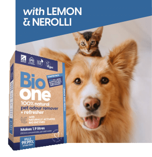 Bio One Pet Odour Eliminator and Refresher, 100% natural bio-enzyme cleaning concentrate. Clean up and eliminate completely pet odours, cat urine, dog urine, faeces, vomit, blood, wet fur odour, bacteria, muddy paws, odour from pet illness, fox poo and more all around your home.