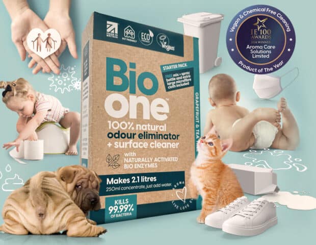 Image of a starter pack for Bio One enzyme cleaner. Starter pack box sitting on a teal background surrounded by lots of images of various applications for the product. Including a pair of hands holding a paper heart with figures of an elderly couple cut out, a toddler sitting on a potty, a puppy, a kitten, a pair of white trainers, a tipped over carton of milk, and baby in a nappy, a face mask and a bin. Also shown is an award stamp, for IE 100 Awards 2024 Winner of the Vegan and Chemical Free Cleaning product of the year winner.