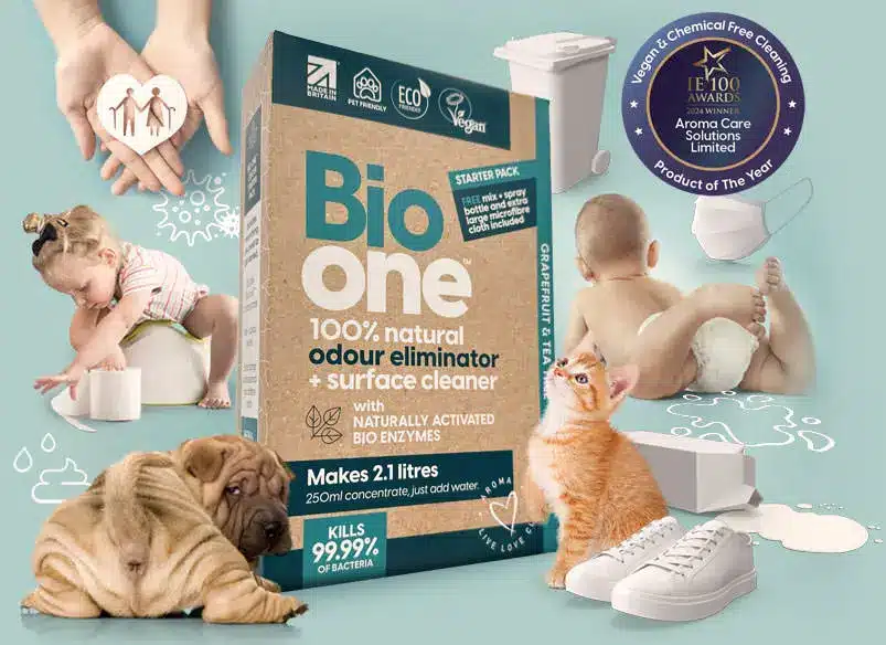 Image of a starter pack for Bio One enzyme cleaner. Starter pack box sitting on a teal background surrounded by lots of images of various applications for the product. Including a pair of hands holding a paper heart with figures of an elderly couple cut out, a toddler sitting on a potty, a puppy, a kitten, a pair of white trainers, a tipped over carton of milk, and baby in a nappy, a face mask and a bin. Also shown is an award stamp, for IE 100 Awards 2024 Winner of the Vegan and Chemical Free Cleaning product of the year winner.